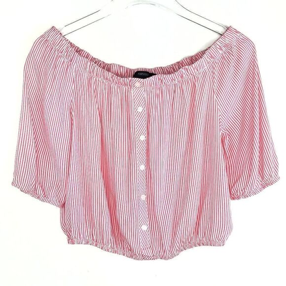 Forever 21》Candy Stripe Off The Shoulder Crop Top - Picture 1 of 10